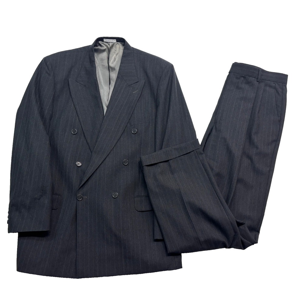 vtg 90s Double Breasted 42L 36x33 Gray Stripe 2pc Pant Suit Wool Profilo Pleated